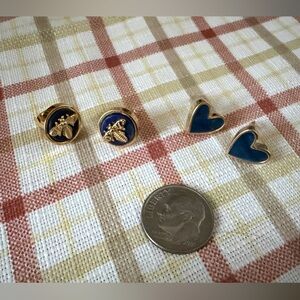 Gold Bee Stud Earrings & Blue Heart Studs Set | Enamel Look | Cute Vintage Style